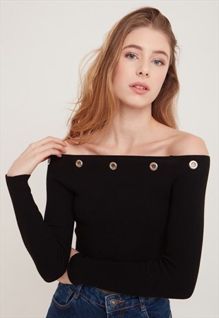 OFF-THE-SHOULDER JUMPER - BLACK WITH O-RINGS DETAILS