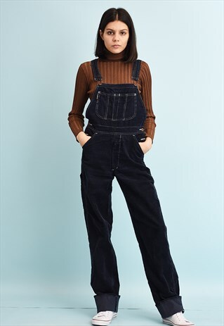 90'S RETRO CORDUROY NAVY BLUE OVERALLS DUNGAREES