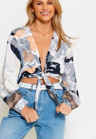 VINTAGE 90'S REWORKED ABSTRACT PRINT TIE FRONT BLOUSE