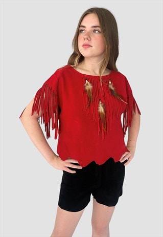 70'S VINTAGE RED SUEDE FRINGED TASSEL LADIES TOP