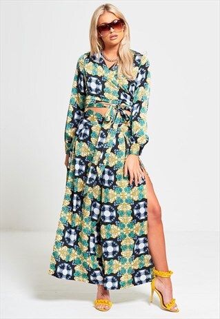GREEN PRINTED SPLIT LEG CROPPED TOP MATCHING TWO PIECE SET