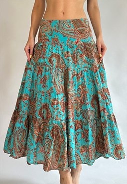 Ralph Lauren Boho Paisley Blue Flowy Low Rise Maxi Skirt