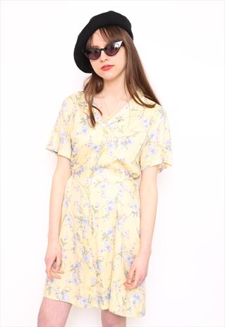 VINTAGE 90S YELLOW FLORAL BUTTON MINI DRESS