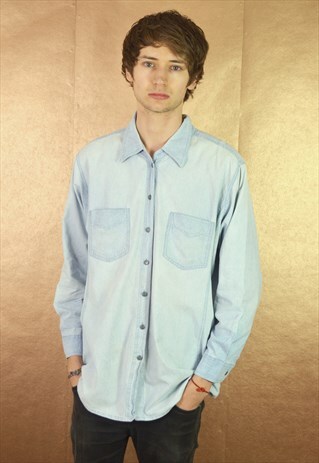 90S VINTAGE MINIMAL LIGHT BLUE LONG SLEEVE DENIM SHIRT