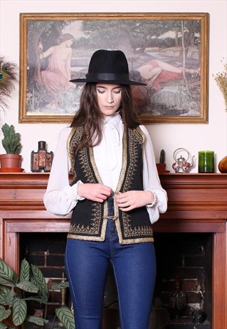 VINTAGE 60S BLACK GOLD EMBROIDERED EMBOSSED BOHO VEST