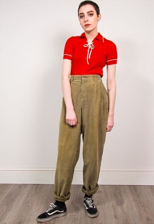 VINTAGE 70'S LIGHT GREEN CORD HIGH WAIST TROUSERS