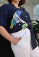 VINTAGE 80S BLUE ABSTRACT SURREAL BOAT SHIP MARINE V BLOUSE