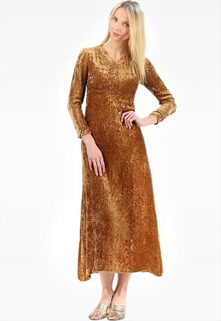 VINTAGE 70S CRUSHED VELVET DRESS BOHO MAXI