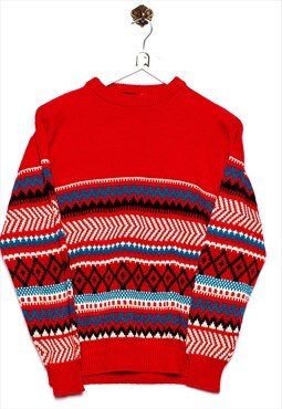 Vintage  Pine Grove  Red Geometric Pattern Sweater
