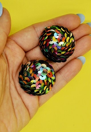70S RAINBOW SEQUIN EARRINGS PARTY DISCO STATEMENT