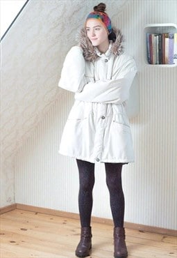 Cream wide padded vintage jacket with fur trim hood