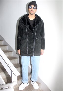 Vintage 90s Shearling Black Suede Coat XL