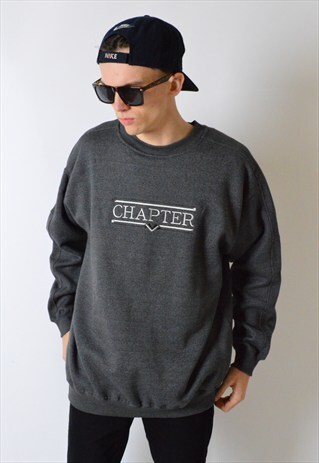 VINTAGE 90S GREY EMBROIDERED DROP SHOULDER SWEATSHIRT JUMPER