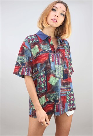 VINTAGE OVERSIZED PATTERNED FESTIVAL POLO T-SHIRT