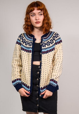 VINTAGE 90'S CREAM NORDIC FAIRISLE PATTERN KNIT CARDIGAN