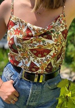 White Satin Cowl Neck Top Fan Print