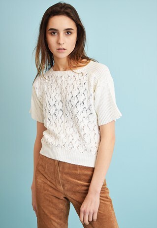 70'S RETRO NEUTRAL KNITTED SHEER TOP IN CROCHET