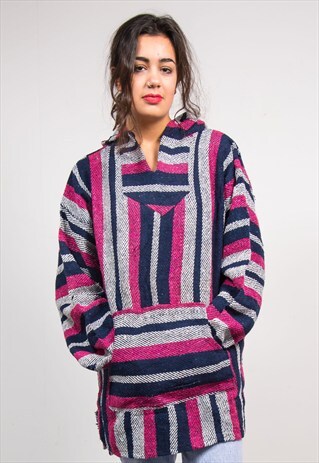 90'S VINTAGE BRIGHT PINK STRIPE GRUNGE BAJA HOODIE