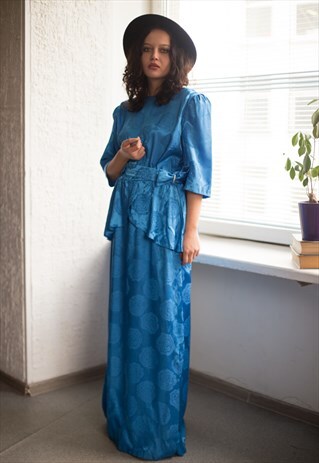 VINTAGE 80'S BLUE MAXI PUFF SLEEVED BELTED DRESS