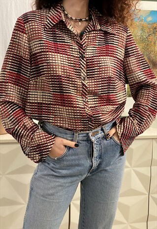 VINTAGE 80S ABSTRACT CHECKED BOHEME SHIRT BLOUSE TOP