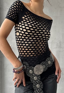 Vintage Y2K 00's Black Stretchy Fitted Chunky Fishnet Top