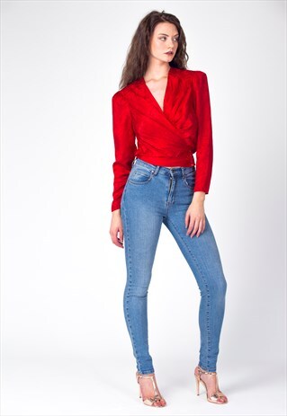 VINTAGE 80'S BRIGHT RED FLORAL WRAP OVER BLOUSE