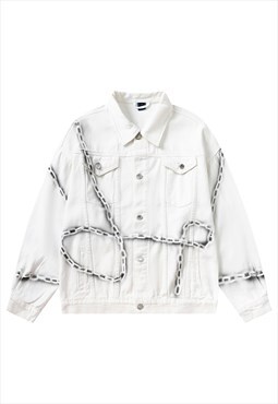 Chain denim jacket barbered wire bomber grunge varsity white