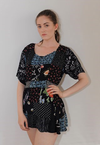 WOMENS VINTAGE BOHO BEACH FESTIVAL BLACK FLORAL FLOATY DRESS