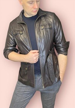 Vintage men classic brown leather jacket {C219}