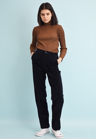 90'S RETRO REGULAR WAIST NAVY BLUE CORDUROY TROUSERS