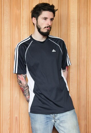 VINTAGE 1990S NAVY BLUE AND WHITE ADIDAS T-SHIRT