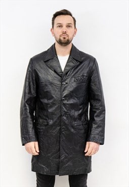 HOLLIES Genuine Leather Trench Coat Long Jacket Mac Rain