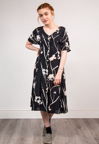 90'S VINTAGE BLACK PATTERNED FLORAL MIDI DRESS