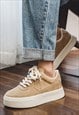 CLASSIC SUEDE SNEAKERS CHUNKY SOLE SKATER SHOES IN CREAM