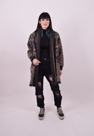 VINTAGE 80'S BROWN CRAZY PRINT OVERSIZED CARDIGAN LARGE
