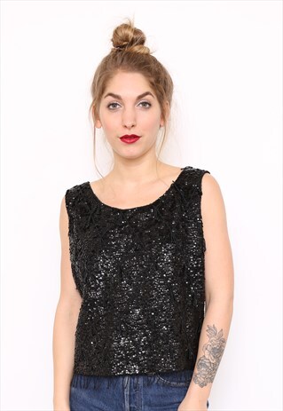 VINTAGE 60S BLACK WOOL EMBELLISHED PARTY CAMI TOP