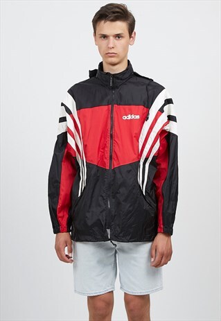 VINTAGE BLACK RED ADIDAS WINDBREAKER RAINCOAT JACKET