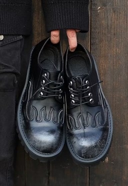 Flame patch boots fancy platform brogue shoes in black