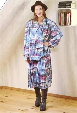 BLUE RED AND WHITE PLEATED MIDI GEOMETRICAL PRINT DRESS