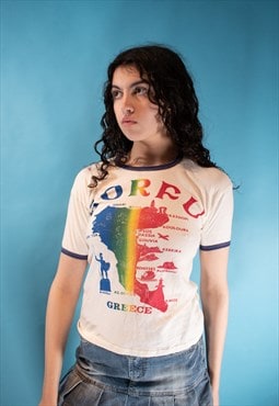 Vintage Y2K Size S Corfu Graphic T-Shirt in White Blue Trim.