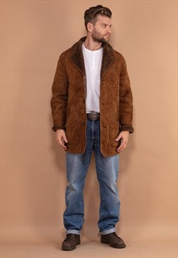 Vintage 70's Men Shearling Suede Coat in Brown