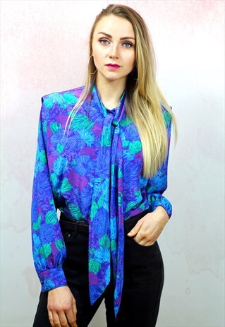 1980S VINTAGE BLUE WITH PURPLE FLORAL TIE UP SILKY BLOUSE