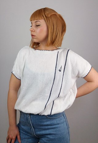 VINTAGE 80'S KNIT TOP BOAT EMBROIDERY
