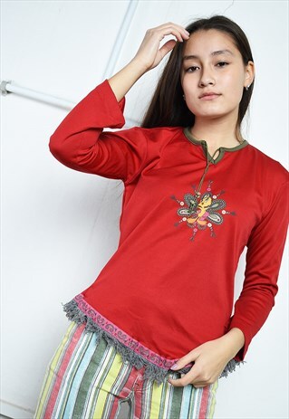 VINTAGE Y2K RETRO NOVELTY PRINT LYCRA RED FRINGED TOP
