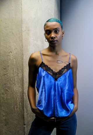 VINTAGE BLUE SATIN BLACK LACE CAMISOLE 80S TANK