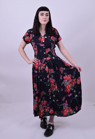 VINTAGE 80'S FULL LENGTH GRUNGE FLOWER PRINT DRESS 10 12 14