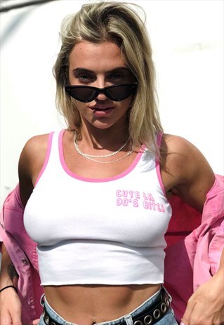 WHITE RIB CROPPED TANK TOP WITH PINK BINDING AND SLOGAN