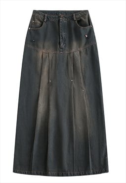 Long utility denim skirt bleached jean bottoms in blue