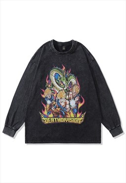 Anime t-shirt old dragon ball Z long tee retro top acid grey