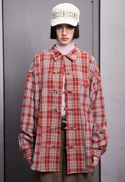 Patchwork shirt long sleeve check blouse plaid top in red